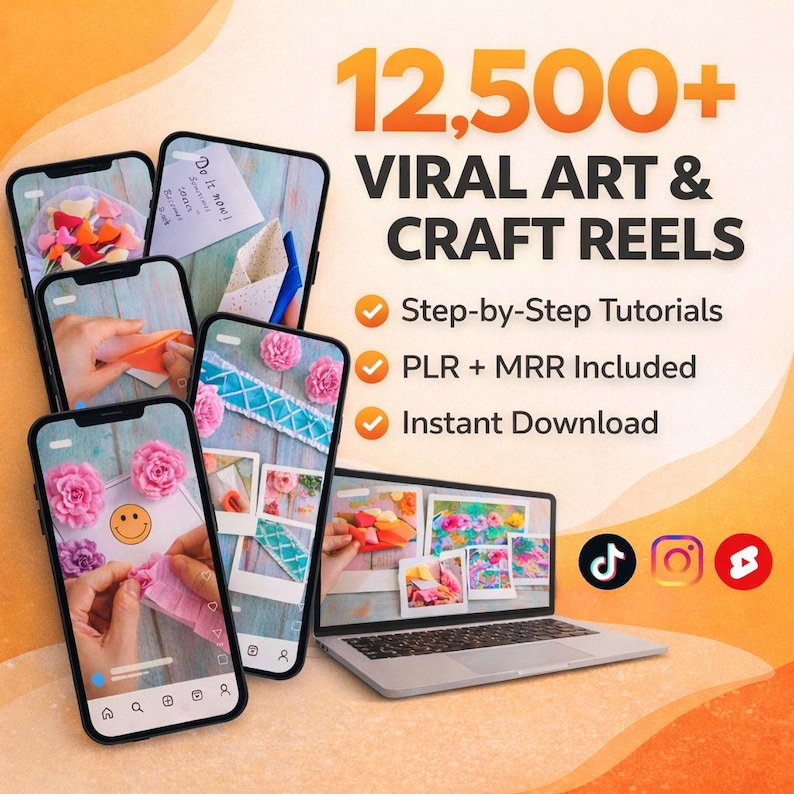 Over 12,500 Art & Craft Tutorial Reels Bundle featuring DIY Projects and Viral Videos tailored for Instagram, TikTok, and YouTube (Includes PLR and MRR).