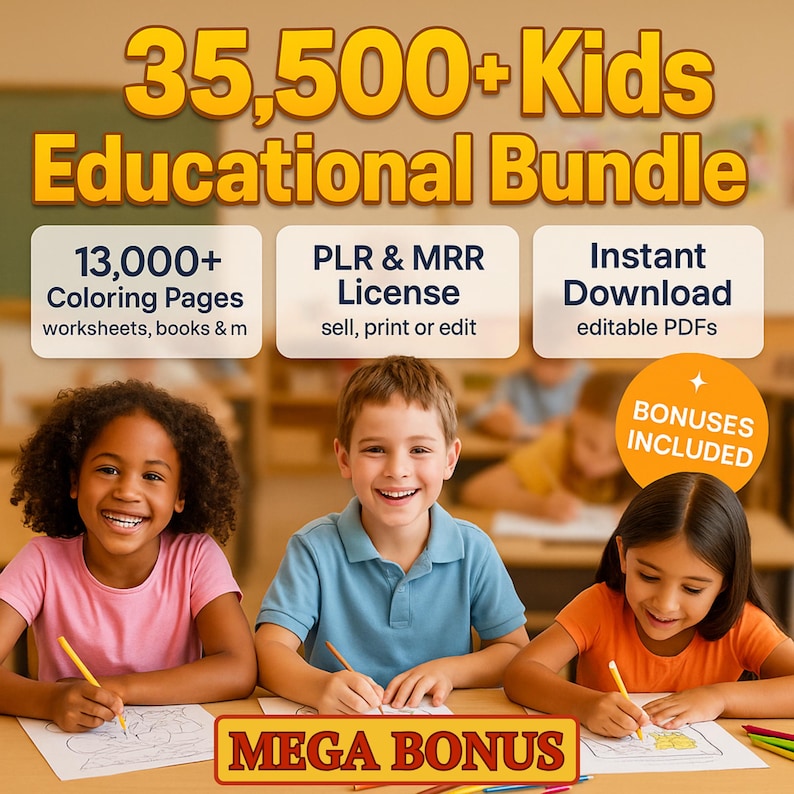 Over 35,500 Kids' Worksheets with PLR and MRR Resale Rights – Includes Coloring Pages, Educational Printables, and More! Complete Bundle for Teachers, Parents, and Entrepreneurs.