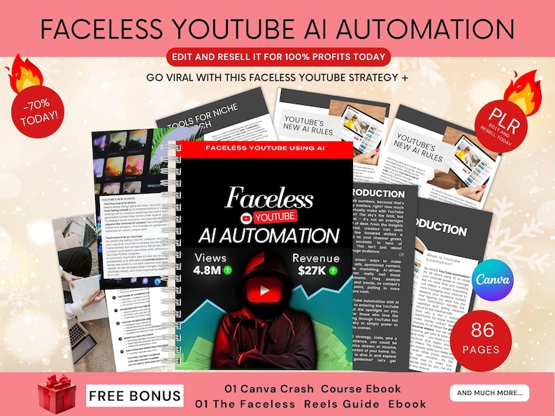 Faceless YouTube AI Automation Ebook: Canva Template with PLR and MRR Rights